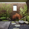 Indoor Landscape With Various Trees Stepping Stones Stone Basin Black Gravel And Wooden Lattice