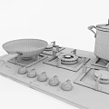 Black Kitchen Cookware Set Featuring Gas Stove Burners Lidded Pots And Frying Pan