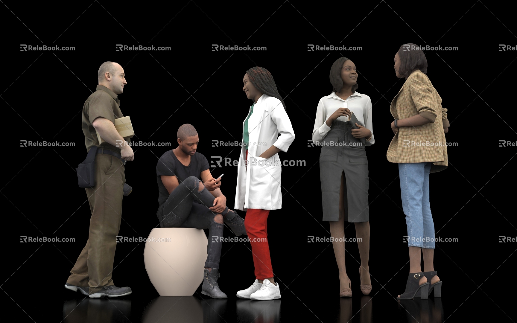 Many people chat dialogue characters model men and women sitting posture standing walking passers-by scene atmosphere photos tourists look at mobile phones 3d model