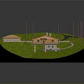 Miniature Circular Grassy Landscape Model Featuring Green Roof Building Small Shed Pathways And Utility Poles