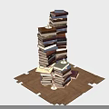 Artistic Stacked Books Display With Wooden Planks And Decorative Candle Accent