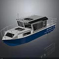 Modern White and Blue Recreational Boat with Open Deck Railing Solar Panels and Cabin Windows