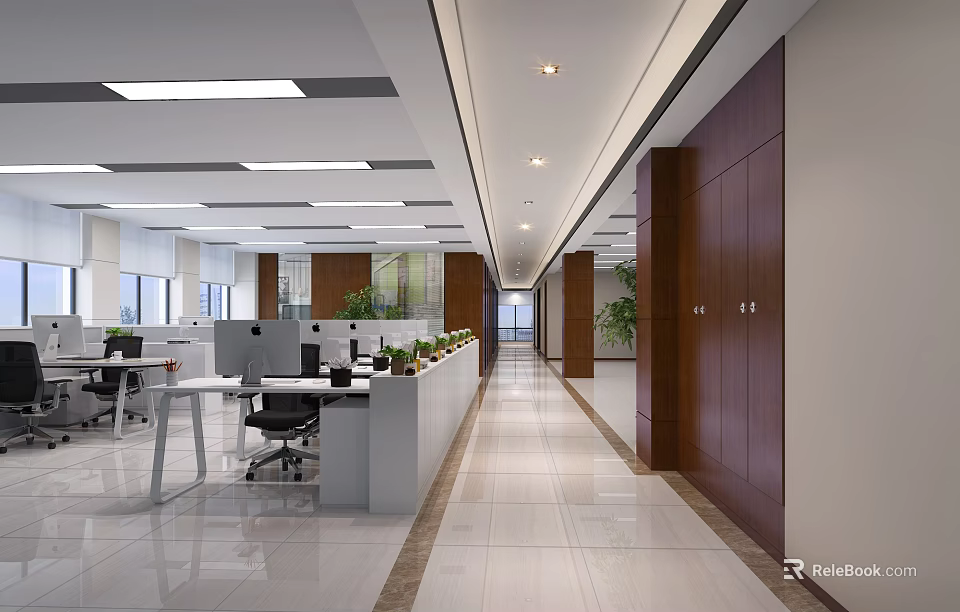 Modern Public Office Space With Open Layout Office Desks Potted Plants And Polished Floors 3d model 