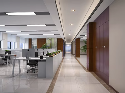 Modern Public Office Space With Open Layout Office Desks Potted Plants And Polished Floors 3d model