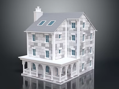 Two Story Detached Villa Featuring Gray Roof Skylights Stone Exterior And Porch Arched Doorways 3d model