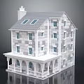 Two Story Detached Villa Featuring Gray Roof Skylights Stone Exterior And Porch Arched Doorways