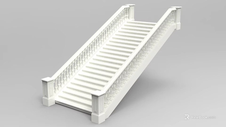 Elegant White Staircase With Classic Railing And Balusters For Home Interior Design 3d model 