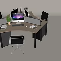 Modern Office Desk And Chair Set Workstation With Curved Design Computer Potted Plant Documents