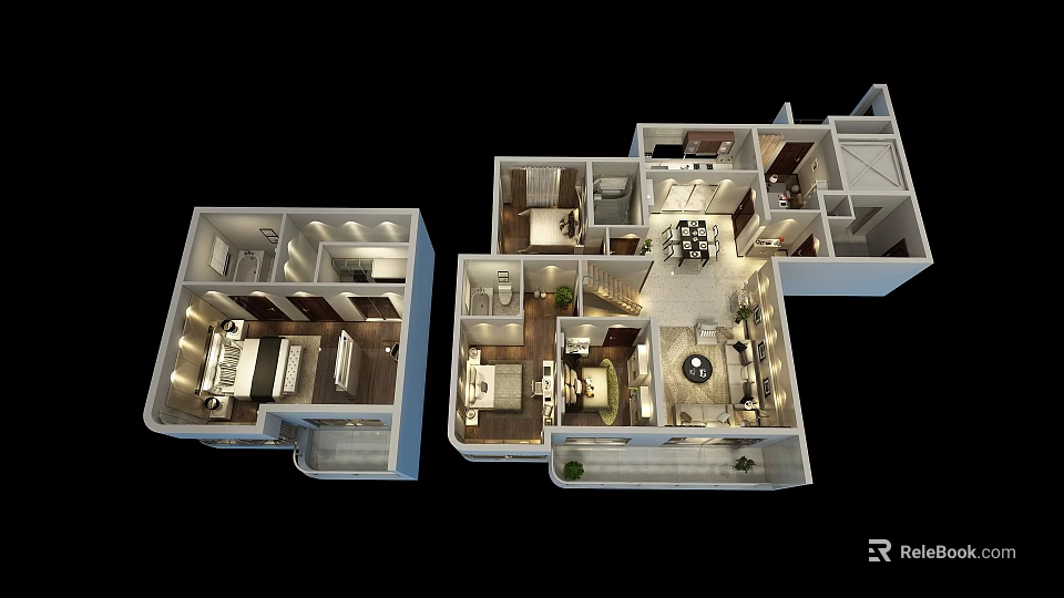 Residential Bird's Eye View Planning with Floor Plan Room Layout and Furniture Details 3d model 