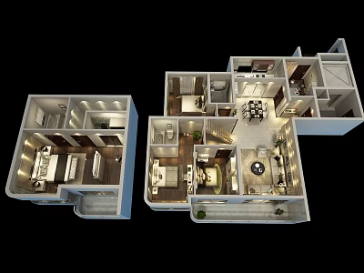 Residential Bird's Eye View Planning with Floor Plan Room Layout and Furniture Details 3d model