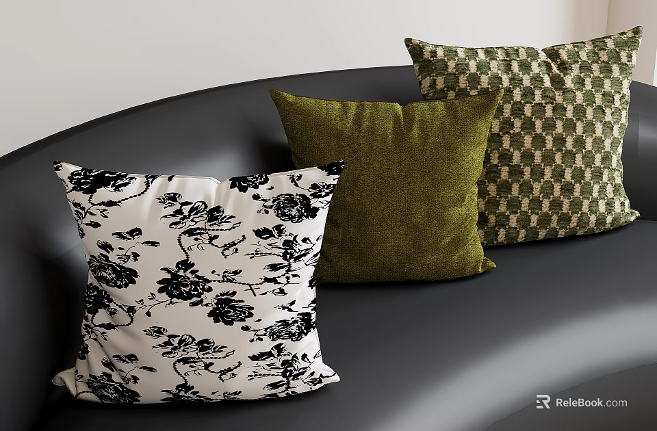 Soft Textured Decorative Pillows Featuring White Black Floral Green Velvet and Checkered Patterns 3d model 