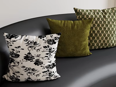 Soft Textured Decorative Pillows Featuring White Black Floral Green Velvet and Checkered Patterns 3d model
