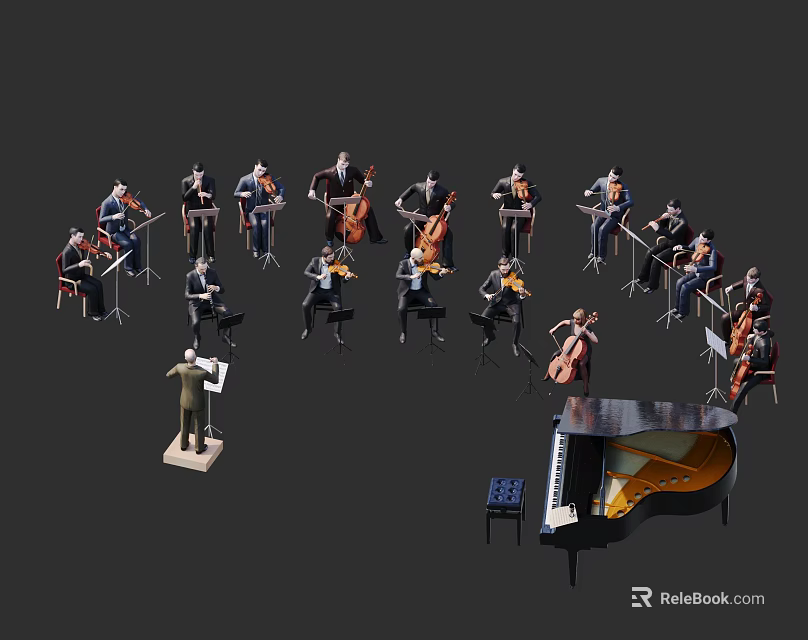 Orchestra Members Performing With Conductor Piano And Various Musical Instruments 3d model 