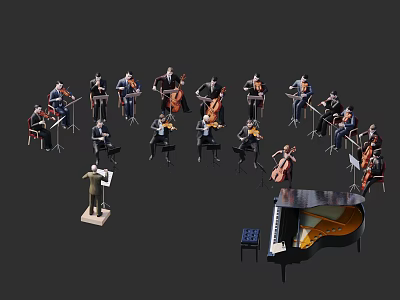 Orchestra Members Performing With Conductor Piano And Various Musical Instruments 3d model