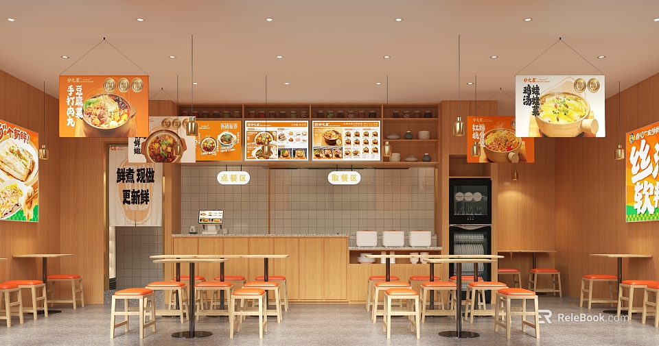 Braised Goose and Duck Neck Restaurant with Orange Signage Open Layout Menu Boards and Wooden Tables 3d model 