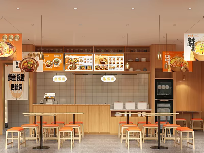 Braised Goose and Duck Neck Restaurant with Orange Signage Open Layout Menu Boards and Wooden Tables 3d model