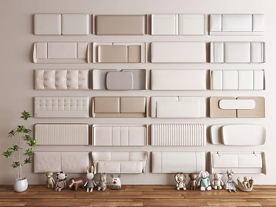 Different Styles Of Upholstered Panels Displayed On Wall With Decorative Toys And Plant 3d model