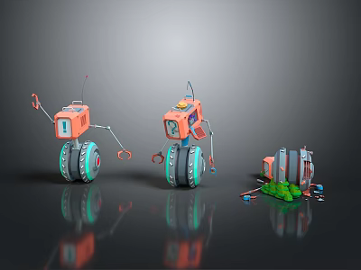 Three Colorful Robots With Various Sizes Wheels And Green Tools On Reflective Floor 3d model