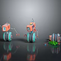 Three Colorful Robots With Various Sizes Wheels And Green Tools On Reflective Floor