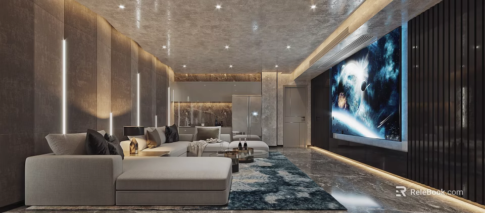Modern Home Theater Room Interior Design With Large Screen TV Comfortable Sofa And Area Rug 3d model 