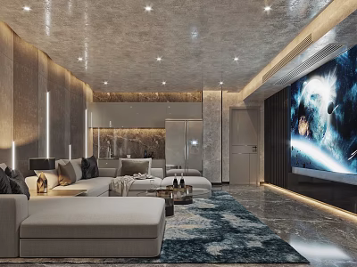 Modern Home Theater Room Interior Design With Large Screen TV Comfortable Sofa And Area Rug 3d model