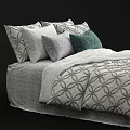 Double Bed Featuring Gray And White Geometric Pattern Bedspread And Green Throw Pillows 3d model