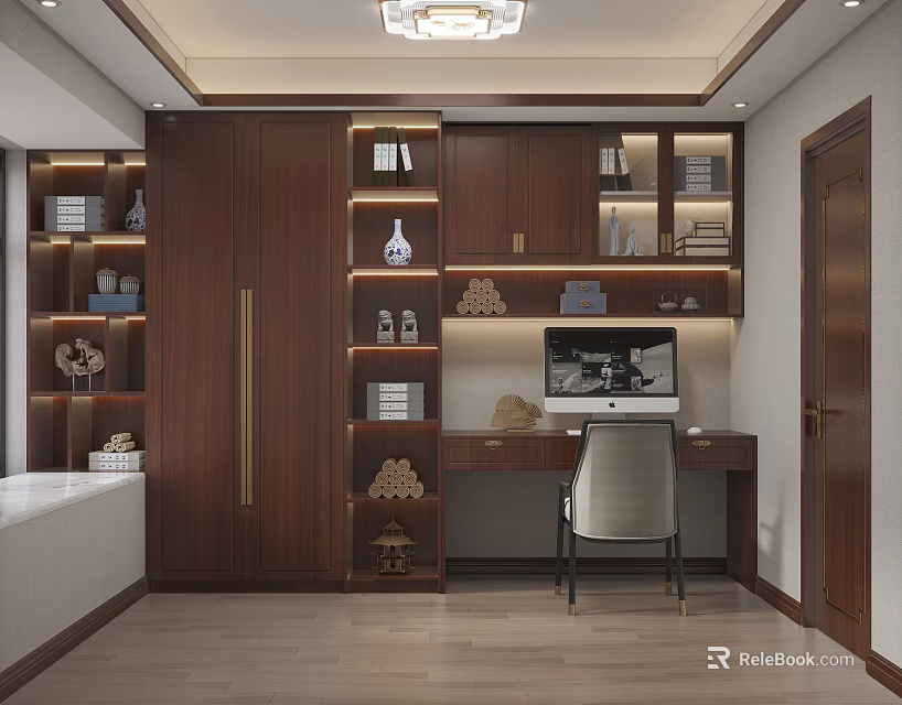 Modern Study Room Interior With Brown Wooden Bookshelves Desk Table Lamp Decorative Items And Chair 3d model 