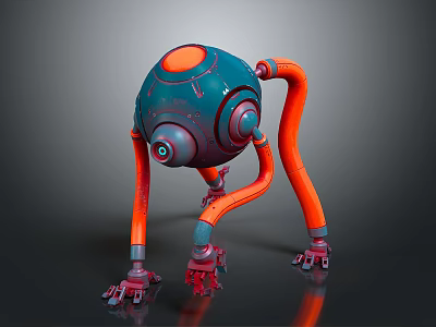 Robot Character With Blue Spherical Body And Orange Mechanical Legs 3d model