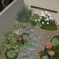 Courtyard Garden Design With Stone Path Various Plants White Flowers And Wooden Stumps