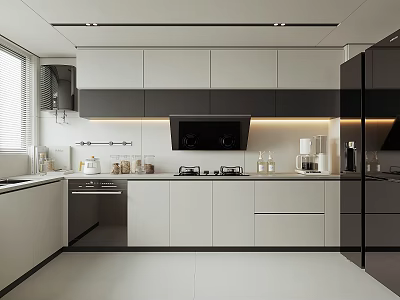 Modern Kitchen Interior With White And Black Cabinets Central Island And Appliances 3d model