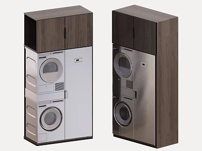 Stackable Washer Dryer Set With Modern Wooden Panel And Silver Body Design 3d model