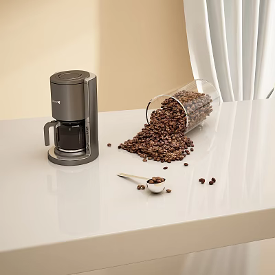 Decorative Ornament Set With Coffee Maker Glass Jar Spilled Beans Small Spoon On White Countertop 3d model