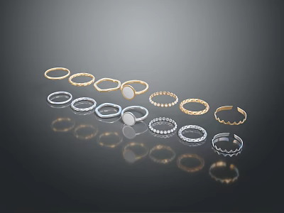 Assorted Fashion Rings Collection With Gold Silver Bands And Shiny Reflection 3d model