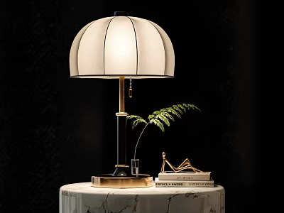 Table Lamp Cream Fabric Pleated Shade Brass Base On Marble Table With Books Fern Decor 3d model