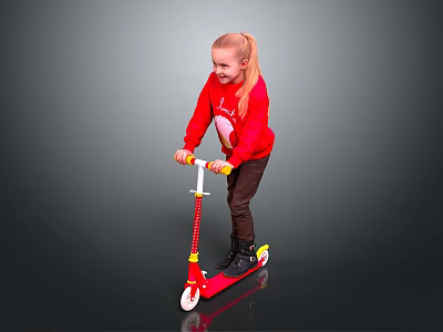 Child Riding Red Scooter In Red Sweater And Brown Pants On Gray Background 3d model