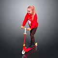 Child Riding Red Scooter In Red Sweater And Brown Pants On Gray Background