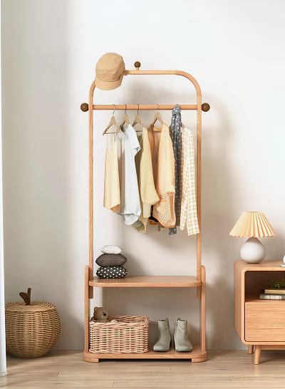 Wooden Clothes Rack with Hanging Shirts and Folded Clothes on Bottom Shelf in Simple Bedroom 3d model