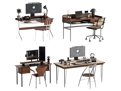Modern Home Office Desk With Monitor Lamp Comfortable Chair And Wooden Surface 3d model