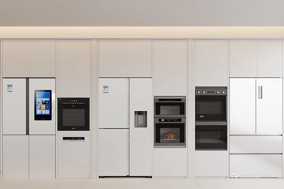 Modern White Kitchen With Built In Appliances Including Refrigerator Ovens And Microwave 3d model 