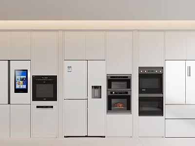 Modern White Kitchen With Built In Appliances Including Refrigerator Ovens And Microwave 3d model