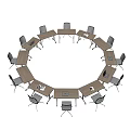 Circular Office Desk Arrangement With Multiple Desks And Surrounding Workstation Chairs