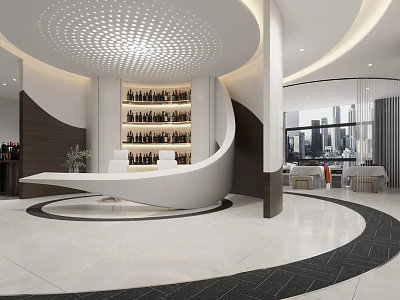 Modern Shop Front Desk Interior with Circular Ceiling Wine Racks and City View Windows 3d model