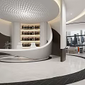 Modern Shop Front Desk Interior with Circular Ceiling Wine Racks and City View Windows