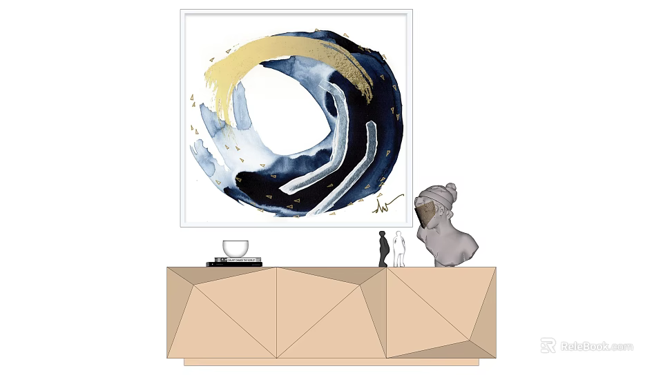 Modern Interior Decor With Abstract Blue Gold Circular Painting And Geometric Cabinet 3d model 