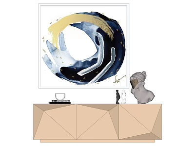 Modern Interior Decor With Abstract Blue Gold Circular Painting And Geometric Cabinet 3d model