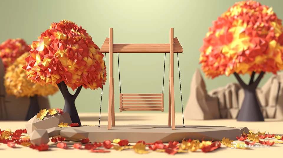 Wooden Swing Under Autumn Trees With Colorful Fallen Leaves And Stone Base 3d model 