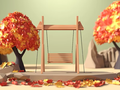 Wooden Swing Under Autumn Trees With Colorful Fallen Leaves And Stone Base 3d model