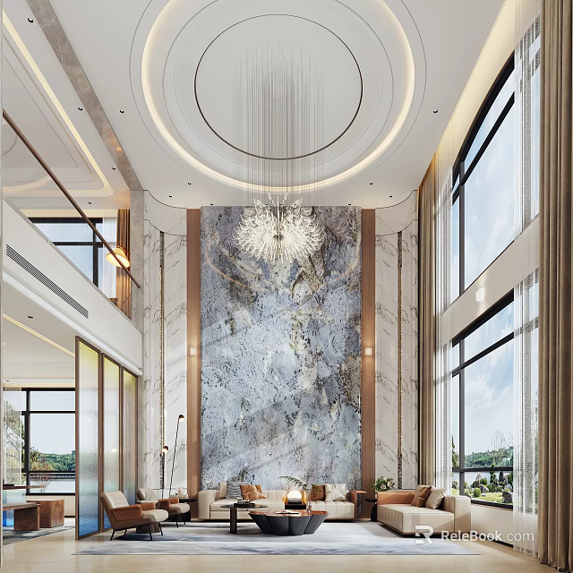 Luxurious Duplex Living Room With High Ceiling Crystal Chandelier Marble Wall And Large Windows 3d model 