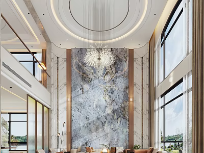 Luxurious Duplex Living Room With High Ceiling Crystal Chandelier Marble Wall And Large Windows 3d model