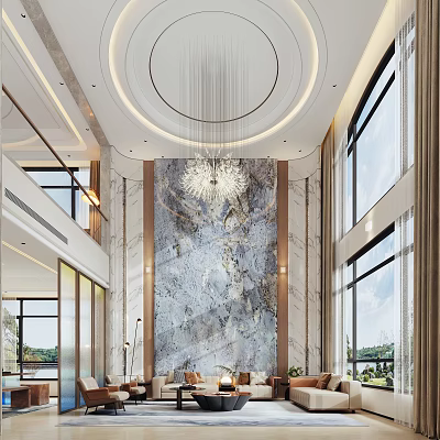 Luxurious Duplex Living Room With High Ceiling Crystal Chandelier Marble Wall And Large Windows 3d model